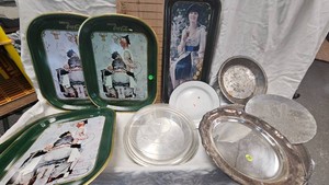 Lot of Norman Rockwell and Coke Trays, Silver Plated Platters, Pie Tins