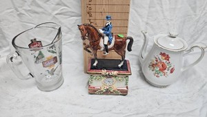Teapot, Equestrian Clock, and Schmidt Beer Pitcher