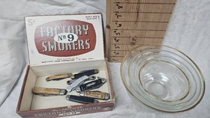 Lot of 4 Glass Bowls and Several Pocket Knives