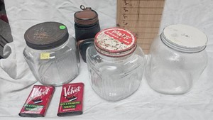 Two Velvet Tins and 3 Vintage Jars