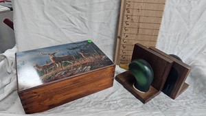 Wood Box wDeer Dcor, and Duck Head Book Ends