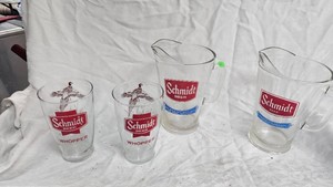 Two Schmidt Beer Pitchers and Glasses