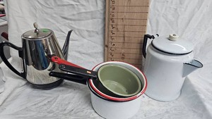 Enamel Pot and Kettles and Coffee Pot