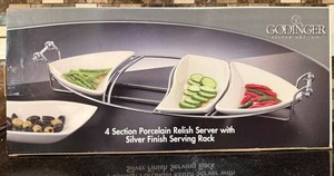 Godinger 4 Section Porcelain Relish Server With Silver Finish Rack NIB