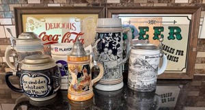 Beer Steins & Framed Bar Signs Mixed Lot of 8
