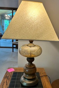 Pair of Table Lamps With Etched Glass Body & Wood Base