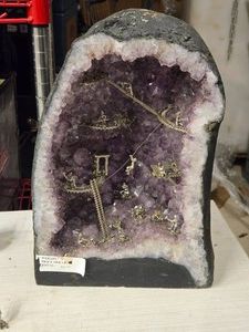 50-lbs Brazilian Amethyst Cathedral Geode with Miner Scene Pewter Figurines 10 x 8 x 15