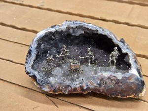 Quartz Crystal Geode with Pewter Miner Diorama 6 x 4 x 3