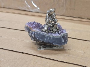 Amethyst Agate Geode with Pewter Miner Figure 3 12 x 3 x 2 12