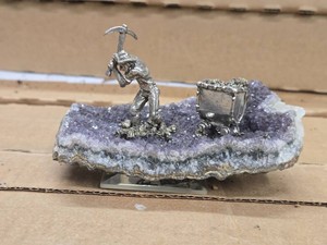 Amethyst Agate Geode with Pewter Miner Figure 4 12 x 2 14 x 3
