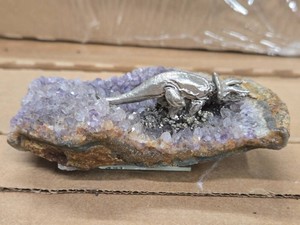 Amethyst Agate Geode with Pewter Triceratops Figure 4 x 2 12 x 1 12
