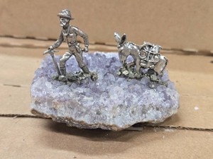 Amethyst Agate Geode with Pewter Miner and Mule Figures 3 12 x 3 x 2 34