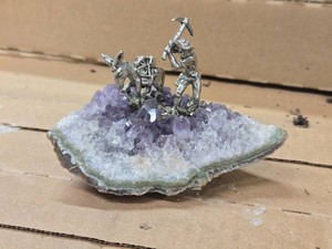 Amethyst Agate Geode with Pewter Miner Figure 4 12 x 3 14 x 3