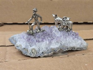 Amethyst Agate Geode with Pewter Miner with Mule Figures 5 x 2 x 3