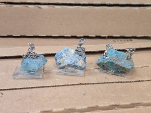 Blue-Green Chrsolla Stone, Blue Pyrite Nugget, Nakaurite Nugget (each with Pewter Figure)