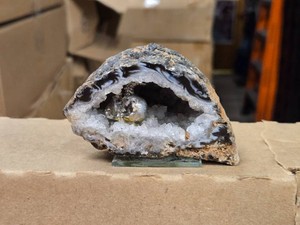 Agate Geode with Pewter Dragon Figure 3 12 x 2 x 2 14