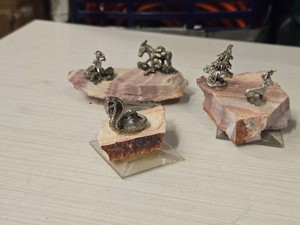 Lot of (3) Rhyolite Stones with Pewter Figures - Elk, Tree, Snake and Miner