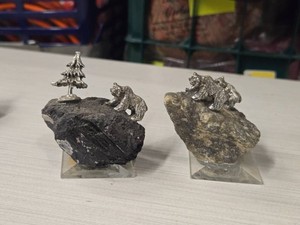 Black Tourmaline Stone  One Unknown Stone (with Pewter Figures - Bear and Tree)