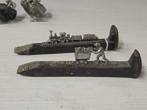 Lot of (2) Railroad Spikes with Pewter Miner and Train Figures