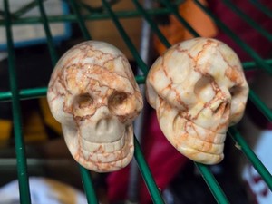 Lot of (2) Handcarved Red Jasper Gemstone Skull Figures