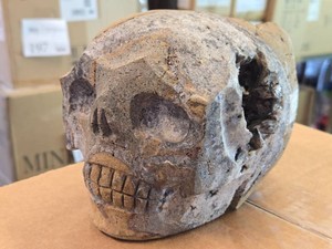 4.8-lbs - Lot of (1) Handcarved Calcite Geode Stone Skull Figure