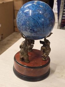 3.8lbs Polished Solid Lapir Lazuli Sphere with Carved Wood Three Elephant Stand 4
