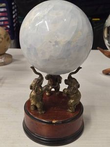 5.2lbs Polished Solid Blue Calcite Sphere with Carved Wood Three Elephant Stand 4