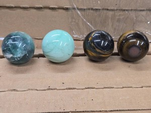 Lot of (4) Polished Solid Spheres - Fluorite, Tiger Eye (x2), Amazonite 2