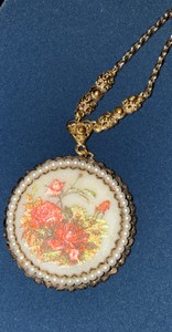 Vintage West Germany Sugar-Coated Rose Pendant Necklace with Faux Pearls