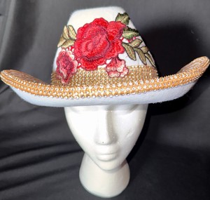 Embellished White Western Cowboy Hat with Roses and A Faux Rhinestone Brim.
