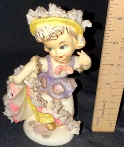Lipper & Mann Creations Girl Figurine  Japan, Pastel Dress & Floral Hat