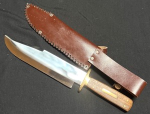 Large Vintage Bowie Hunting Knife  Wood & Brass Handle w Tooled Leather Sheath