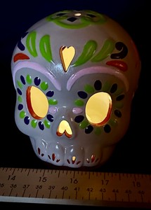 Ceramic Day of the Dead Sugar Skull Candle Holder  Luminary