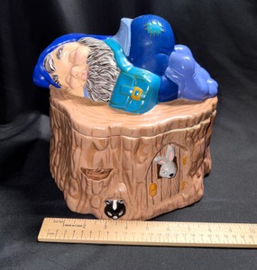 Ceramic Sleeping Gnome Tree Stump Cookie Jar w Rabbit & Skunk