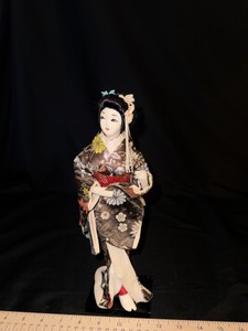 Vintage Japanese Kimono Doll w Floral Brocade Robe, Red Obi & Display Stand
