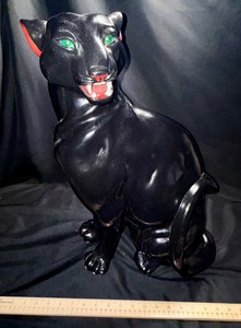 Large Black Panther Ceramic Figurine  Green Eyes & Open Mouth