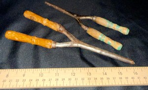 Pair of Antique Hair Curling  Waving Irons w Wooden Handles  Early Beauty Tools