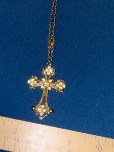 Gold-Tone Cross Pendant Necklace with Pale Yellow StonesGlass