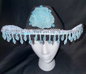 Embellished Black Cowboy Hat with Blue Rose & Beaded Fringe
