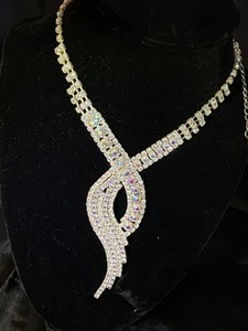 Silver-Tone Clear & Iridescent Rhinestone Necklace with Looped Drop