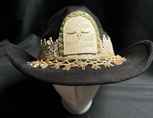 Black & Gold Cowgirl Glam Hat with Rhinestone Sparkle & Lace Trim