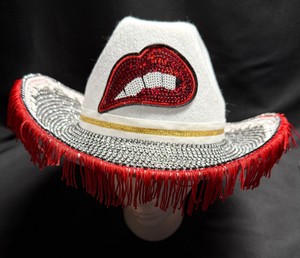 I Love Hot Dads White Cowboy Hat with Red Fringe & Rhinestone Bling