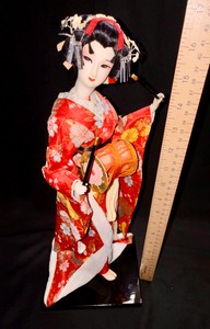 Vintage anise Geisha Doll in Red Floral Silk Kimono with Drum