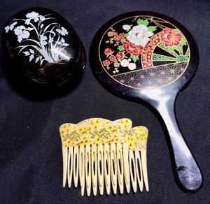 Vintage Floral Vanity Lot  Hand Mirror, Lidded Box & Two Hair Combs