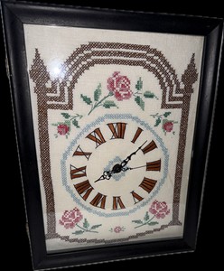 Framed Floral Cross-Stitch Wall Clock with Roman Numerals