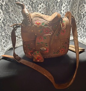 Western Saddle-Shaped Leather Purse with Painted Floral Leather Tooling Designs and Leather fold over snap wallet.