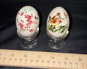 Pair of Decorative Eggs with Bird & Floral Designs on Clear Stands