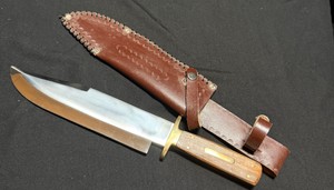 Large Vintage Bowie Hunting Knife  Wood & Brass Handle w Tooled Leather Sheath