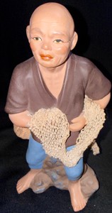 Vintage Japanese Bisque-Style Elder Fisherman Figurine with Woven Net