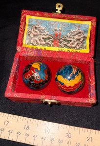Chinese Baoding Exercise Balls with Cloisonn-Style Dragon & Phoenix Designs.